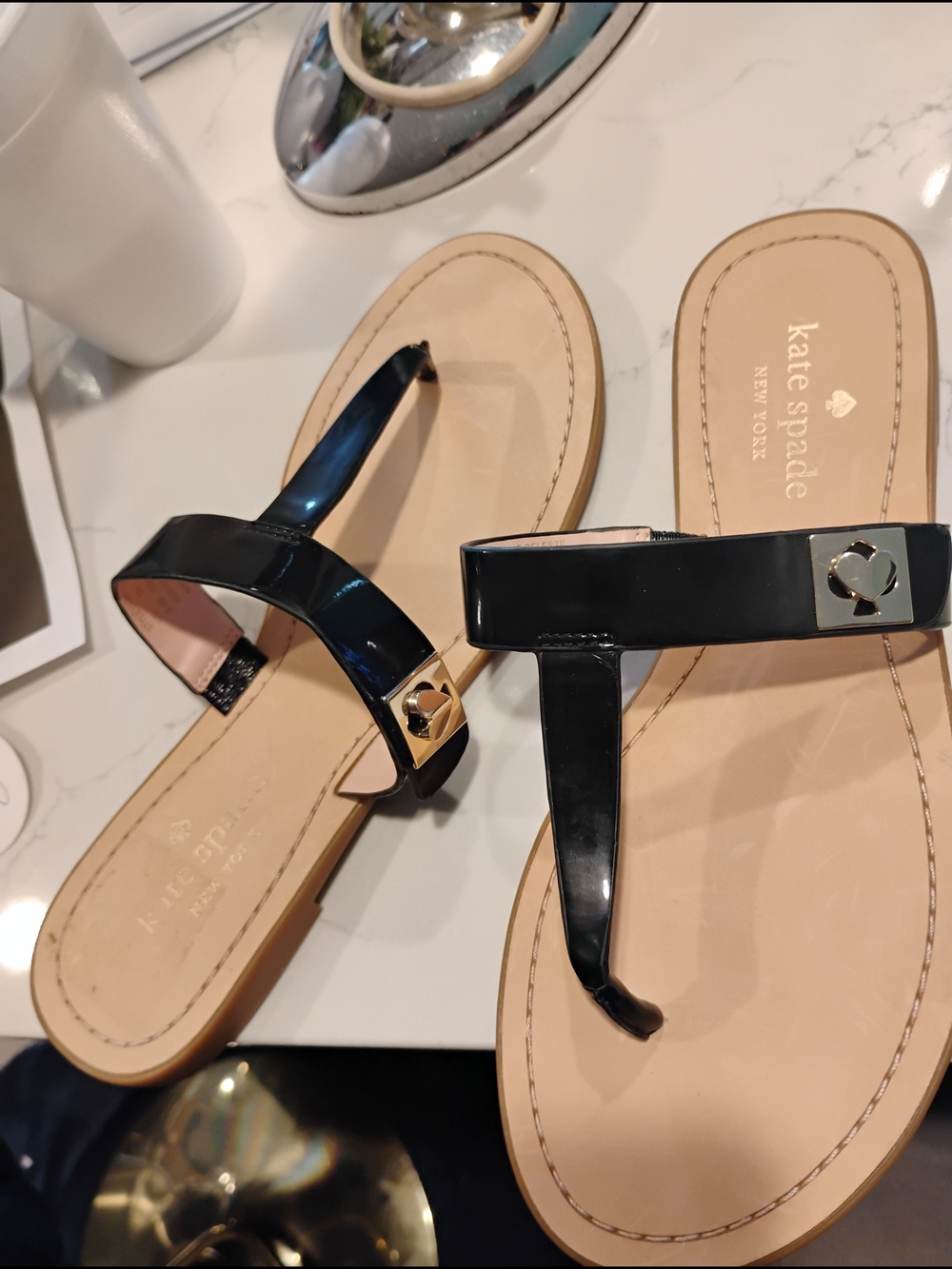 kate spade New York Black Patent Leather T-Strap Sandals